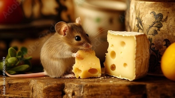 Fototapeta Cute little mouse nibbling on a piece of cheese in a rustic kitchen setting surrounded by charming decor and warm, inviting colors, evoking a cozy atmosphere.
