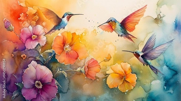 Fototapeta Colorful Hummingbirds Near Vibrant Flowers in a Beautiful Watercolor Background Capturing Nature's Delicate Beauty and Vibrancy Perfect for Art Lovers and Nature Enthusiasts