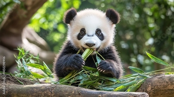 Fototapeta Playful Baby Panda Enjoying Fresh Bamboo in a Natural Habitat Surrounded by Lush Greenery, Capturing the Essence of Wildlife and Nature Conservation