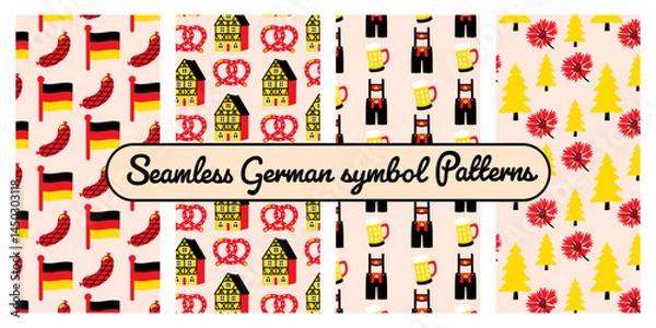 Fototapeta Set of German seamless vector patterns with lederhosen, pretzels, beer, half-timbered houses and cornflower in red, black and yellow