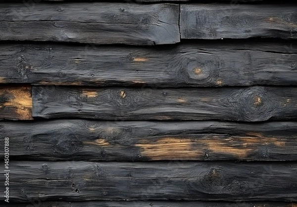 Fototapeta Close-up of charred horizontal wooden planks with knots and cracks.