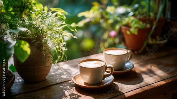 Fototapeta Two white cups on a wooden table with potted plants and greenery in a sunlit room