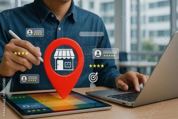 Fototapeta Online Business Location Marketing Strategy Digital Tablet Laptop Customer Reviews Star Ratings Excellent Service Professional Branding Modern Technology Growth Success Businessman Working Remotely   