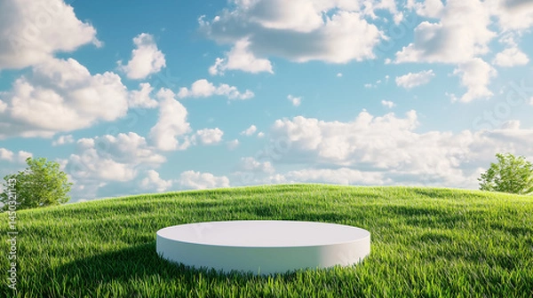 Obraz A empty white podium on lush green grass landscape against blue sky, podium for product display, ai generated