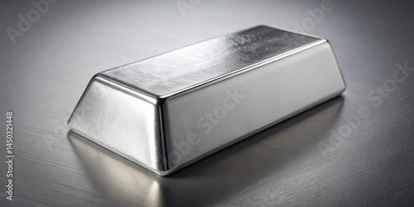 Fototapeta A shiny silver ingot with intricate details and a reflective surface on a grey background , precious metal, grey background