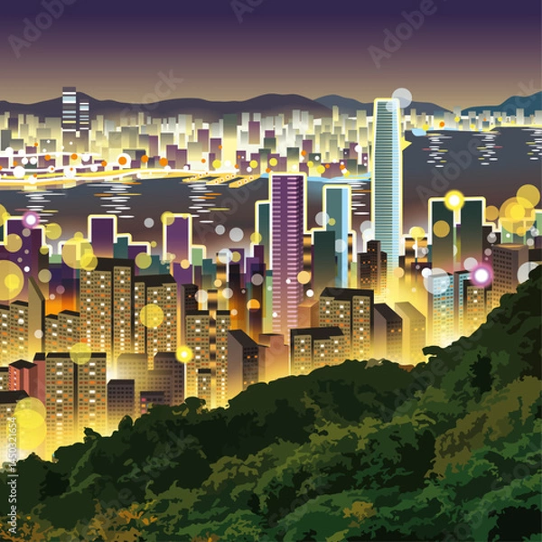 Fototapeta Hong Kong Cityscape at Night with Colorful Lights - Vector Illustration