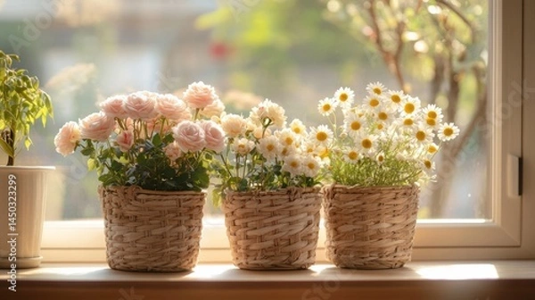 Fototapeta Sunlight streams through window, illuminating blossoms in woven planters.