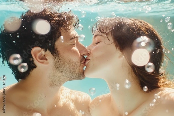Fototapeta Ethereal Underwater Kiss Romantic Couple Embracing in Dreamy Pool with Bubbles and Light Play