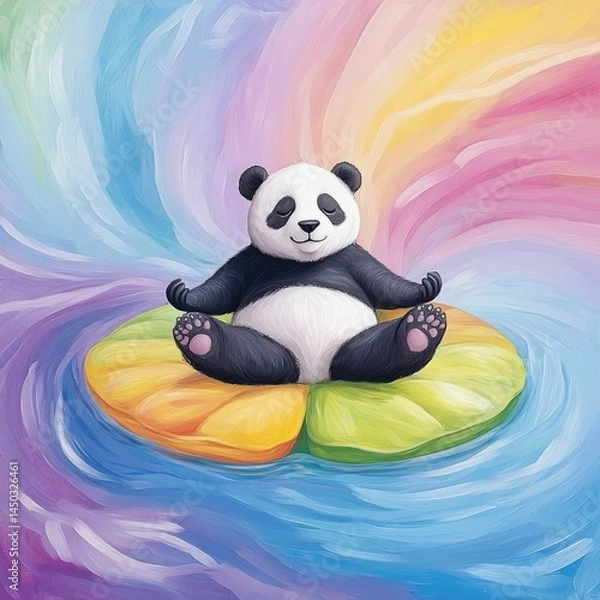 Fototapeta Serene panda bear meditating peacefully on a floating lily pad in a whimsical swirling pond of pastel colored water  A tranquil abstract and colorful pop art