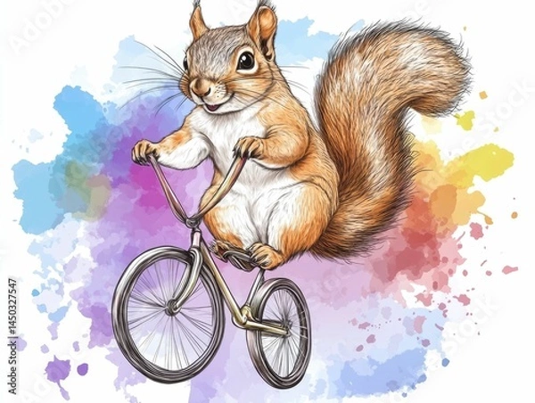 Fototapeta Vibrant pop art of a playful squirrel riding a unicycle on a rainbow tightrope with a lively circus scene in the background capturing a sense of imagination adventure and pure delight