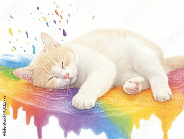 Fototapeta cat painting its own reflection in a pool of vibrant colorful paint with splatters and splashes surrounding it in a whimsical pop art style