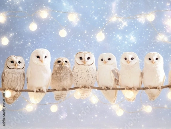 Fototapeta A captivating pop art composition featuring a constellation of adorable dreamlike owls perched on a glowing ethereal branch against the backdrop of a starry mystical universe  This enchanting