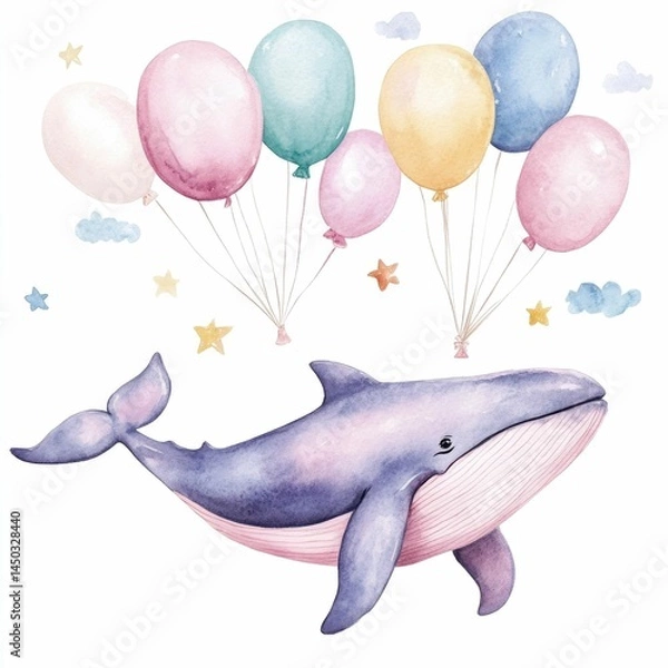 Fototapeta A serene and whimsical featuring a pastel colored whale gracefully swimming through a sky filled with vibrant  floating balloons and fluffy  celestial star clouds  creating a dreamlike