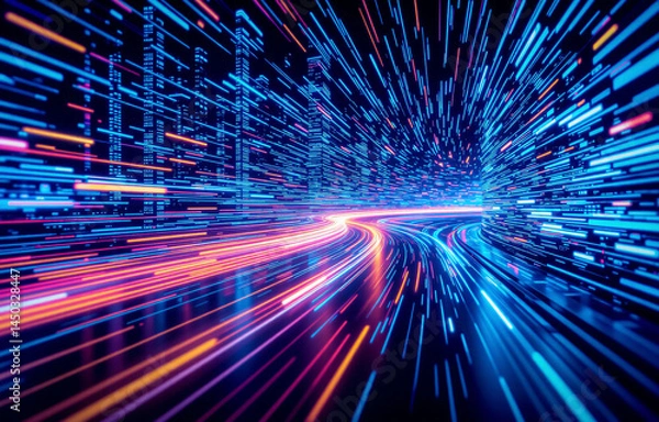 Obraz Vibrant abstract light trails depicting rapid data flow in a digital tunnel, symbolizing high-speed communication and technology.