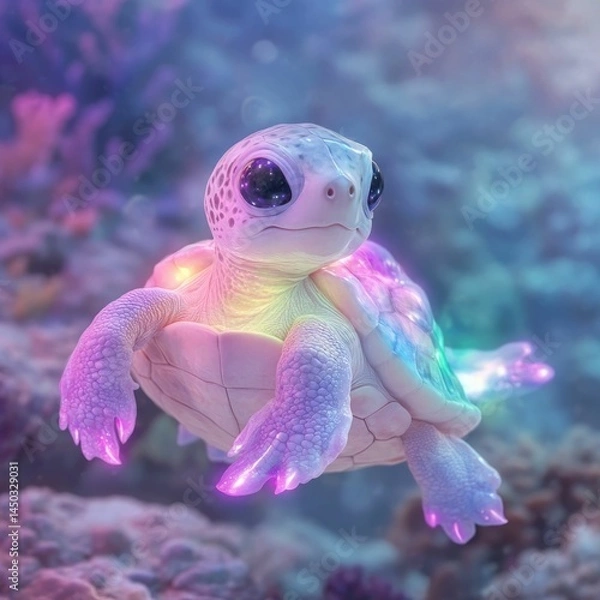 Fototapeta A vibrant tie dye patterned sea turtle exploring a luminous underwater coral reef surrounded by surreal glowing aquatic creatures in a fantastical pop art inspired digital