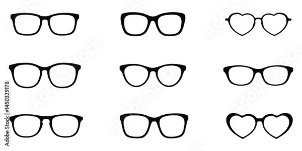 Fototapeta Set of black eyeglasses and heart-shaped glasses icons in minimalist flat style.