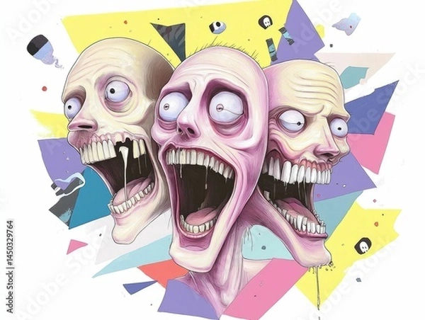 Fototapeta Bizarre and surreal digital of a multiheaded creature with each head displaying a different intense emotion