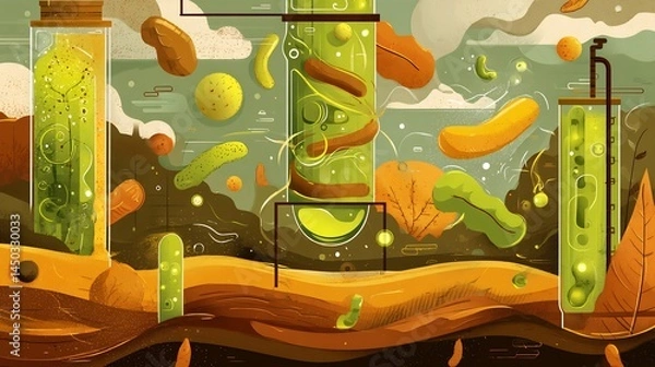 Fototapeta Illustration of microorganism transforming biomass into biofuels like biodiesel or bioethanol bioreactor microbe glowing background feature earthy tone emphasize sustainability clean energy Clean