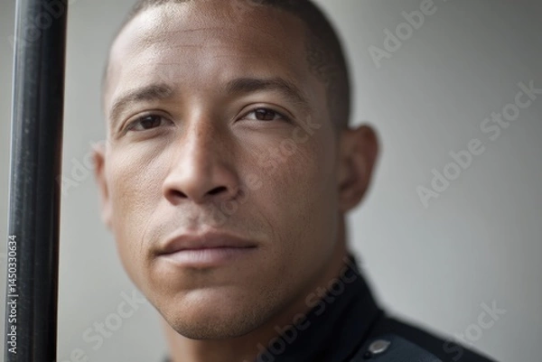 Fototapeta portrait of security guard holding baton neutral expression with blurred background for focus enhancement