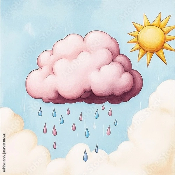 Fototapeta A dreamy cloud monster with a soft billowy form gliding through a sky filled with bold colored raindrops and abstract sun shapes creating a whimsical and fantastical pop art inspired