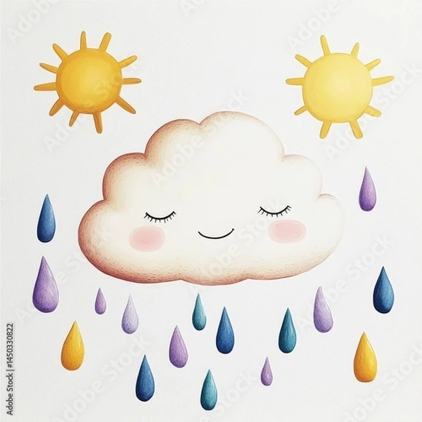 Fototapeta Whimsical and dreamy cloud monster with a soft billowy form gliding through a sky filled with bold colorful raindrops and abstract sun shapes in a pop art style digital