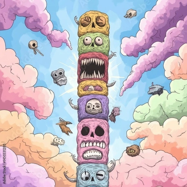 Fototapeta Towering multicolored totem monster with a variety of eclectic animal motifs carved into its body  set against a vibrant  swirling backdrop of psychedelic sky colors in a surreal