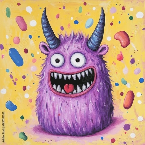 Fototapeta Whimsical colorful neon creature that looks like it stepped out of a child s drawing surrounded by splashes of bright vibrant colors and playful abstract shapes in a bold contemporary pop art style
