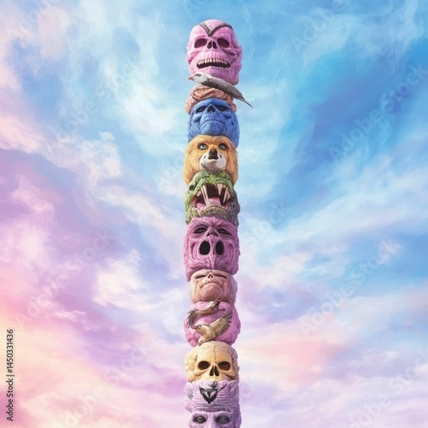 Fototapeta A towering multicolored totem like monster structure featuring various carved animal motifs and patterns set against a backdrop of vibrant swirling sky colors in a surreal pop art style composition