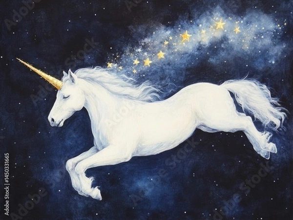 Fototapeta An ethereal unicorn creature with a flowing mane of stars and a sparkling tail drifts gracefully through a dreamlike night sky painted in bold  contrasting colors and shapes