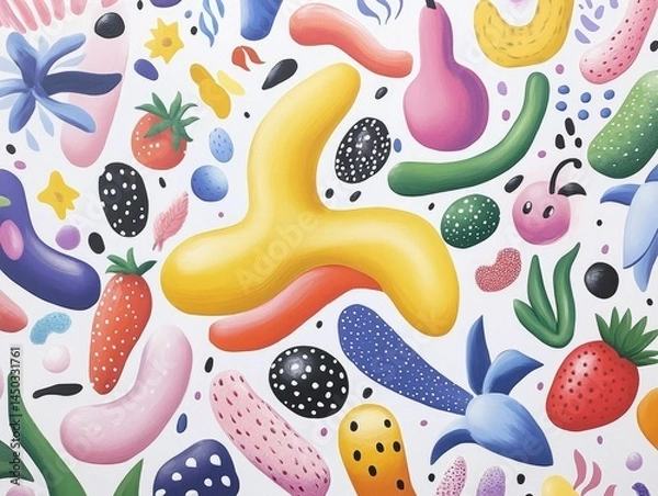 Fototapeta Vibrant Blob Like Monster Covered in Playful Patterns and Textures Bouncing Through a Surreal Landscape of Oversized Fruit and Fantastical Flora in a Pop Art Style