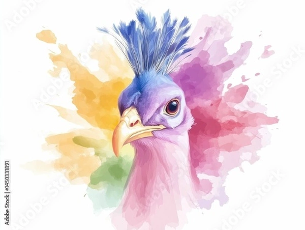 Fototapeta Stunning digital artwork depicting a striking hybrid creature that combines the features of a peacock and a dragon surrounded by bold