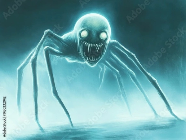 Fototapeta Luminescent jelly like monster with tentacles floating through a fantastical underwater kingdom painted in vivid blues and greens  This surreal digital art depicts a bizarre