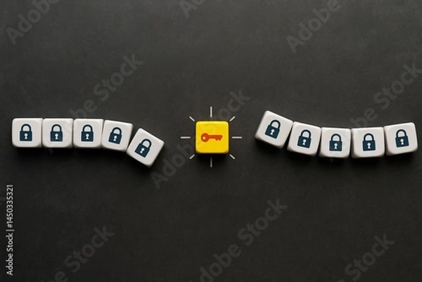 Fototapeta Security Solution Key Concept Abstract Background Digital Yellow Key Blocks Padlocks Protection Privacy Internet Technology Data Encryption Safeguard Password Access Control System Business Network   