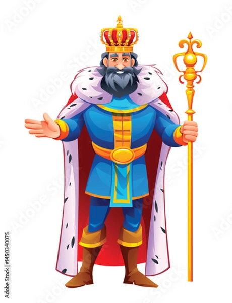 Fototapeta King in regal attire with a crown, holding a scepter, spreading his arms in a gesture of leadership. Vector cartoon character illustration