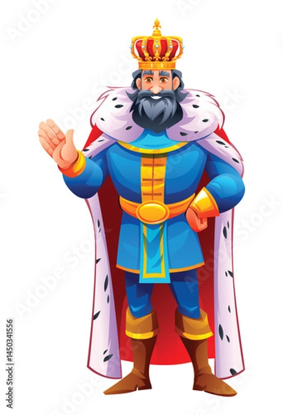 Fototapeta King in royal attire with a crown, waving hand in a royal gesture. Vector cartoon character illustration