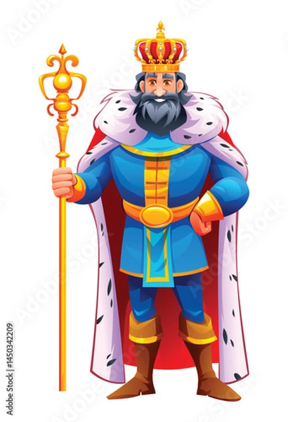 Fototapeta King in regal attire with a crown, holding a scepter in a commanding stance. Vector cartoon character illustration