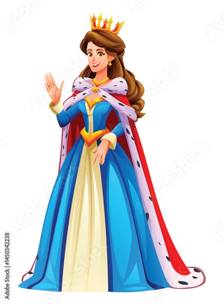Fototapeta Royal queen in a blue gown with a crown and a red cape, smiling and waving. Vector cartoon character illustration