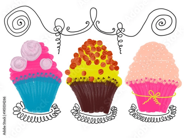 Fototapeta Hand drawn colorful set of cupcakes on the white background, isolated illustration painted by oil color, high quality