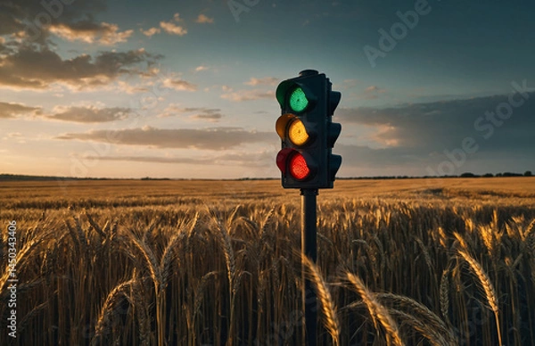 Fototapeta Lonely Traffic Light in Wheat Field - Surreal Deserted Road Sign - Isolated Blinking Light Vector - Abandoned Technology in Nature - Melancholic Countryside Illustration