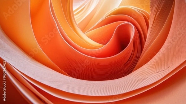 Fototapeta Abstract swirls of warm orange and peach-toned layered sheets.  Detailed close-up view of curved, flowing folds
