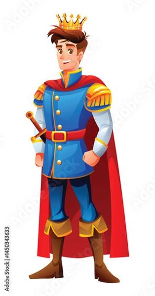 Fototapeta Prince in royal outfit with a crown and sword, smiling confidently. Vector cartoon character illustration