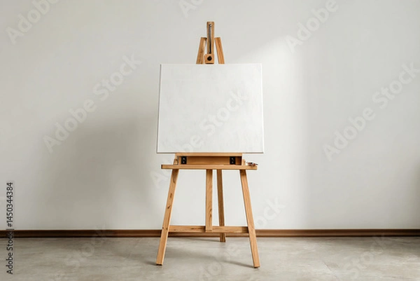 Fototapeta Wooden easel with a white canvas white background	