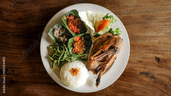 Fototapeta Delicious Balinese crispy fried duck from Bebek Tepi Sawah Restaurant, served golden brown with rice, various vegetables, and spicy sambal on a white plate with wooden background. Flat lay or top view