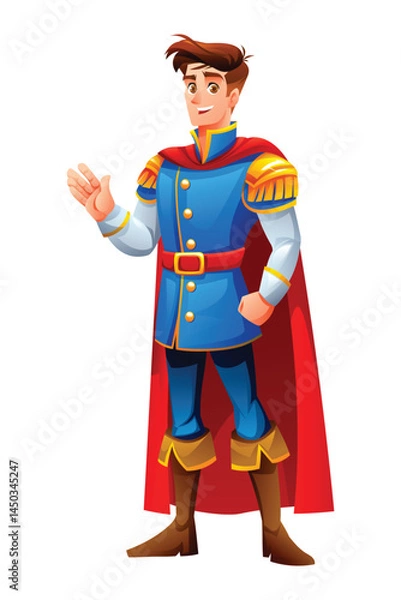 Fototapeta Prince in royal outfit with a cape, gesturing waving hand and smiling. Vector cartoon character illustration