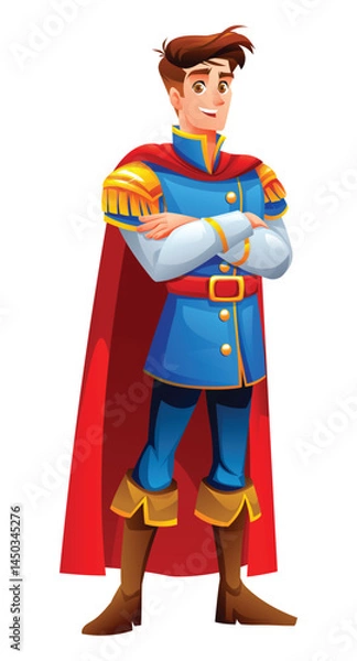Fototapeta Prince in royal outfit with a cape, arms crossed confidently, smiling. Vector cartoon character illustration
