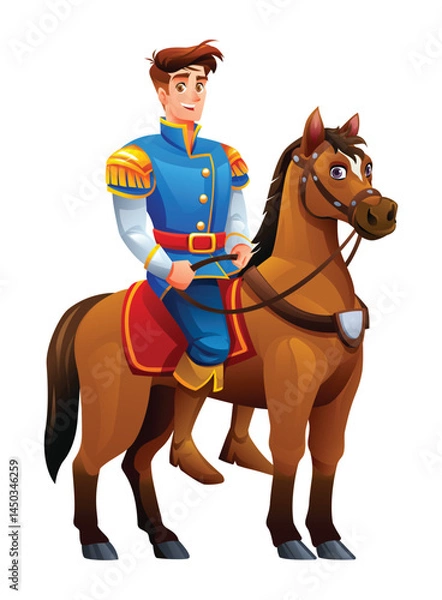 Fototapeta Prince riding a horse, smiling confidently in a royal outfit. Vector cartoon character illustration
