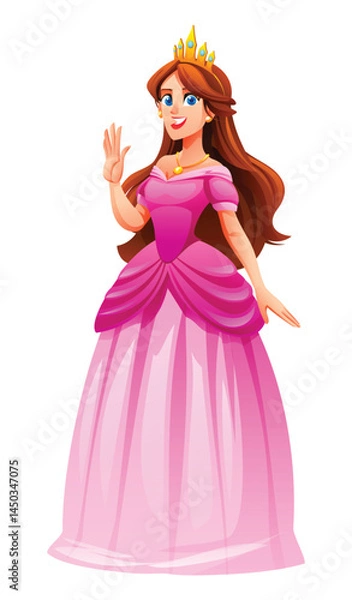 Fototapeta Princess in a pink gown with a crown, waving her hand, smiling joyfully. Vector cartoon character illustration