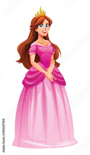 Fototapeta Princess in a pink gown with a crown. Vector cartoon character illustration
