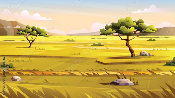 Fototapeta Vast savanna with scattered trees, rocks, and a winding path through the grass. Vector cartoon landscape illustration