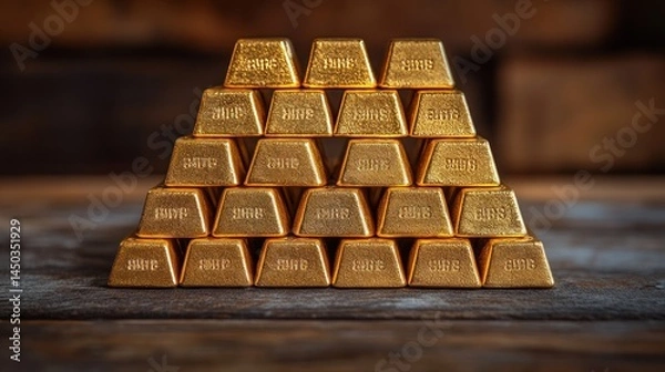 Fototapeta Stacked gold bars arranged in a pyramid shape on a wooden surface.